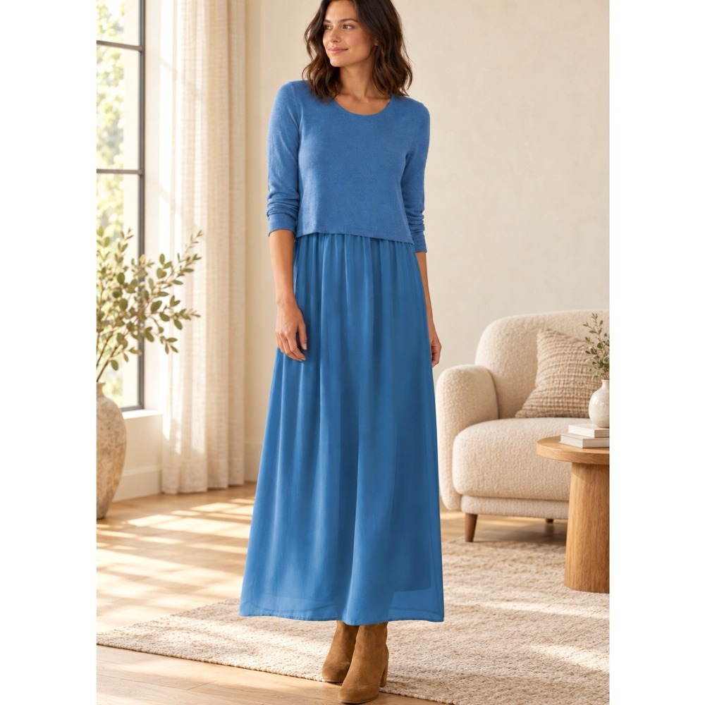 SOFT SURROUNDINGS Cassie Knit Top Maxi Dress M Blue Long Sleeve Layered Modest